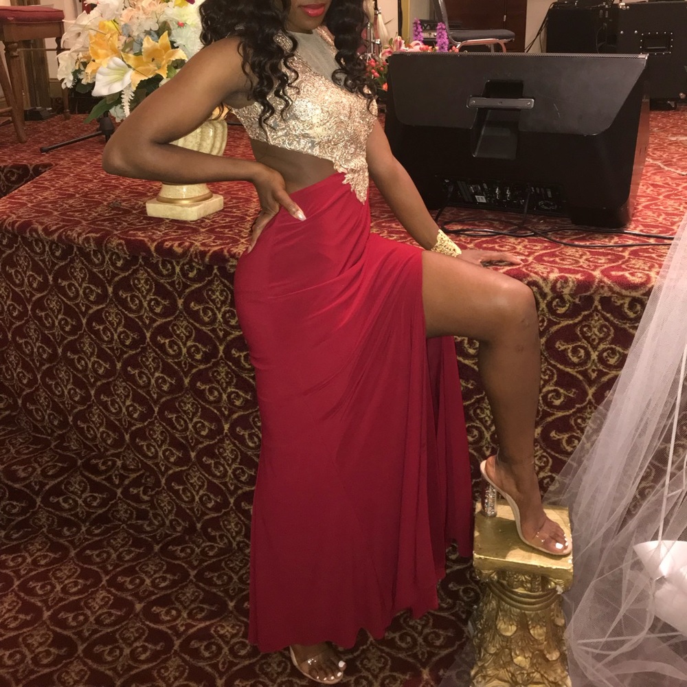 Red and gold embroidered dress